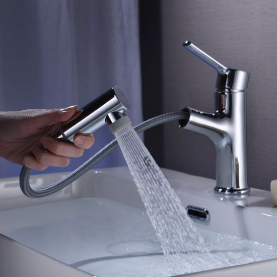 Bathroom Faucet with Pull out Sprayer Single Handle Basin Mixer Tap Chrome